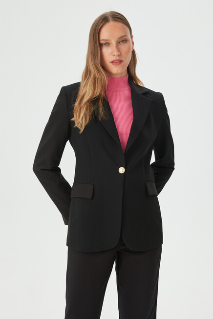 Womens Black One-Button Slim Fit Blazer Jacket
