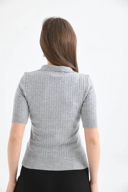 Kadın Slim Fit Pola Yaka Basic Triko Kısa Kol Kazak