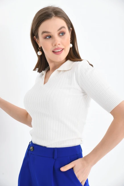 Kadın Slim Fit Pola Yaka Basic Triko Kısa Kol Kazak
