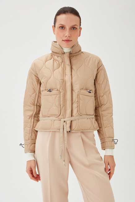 Womens Stone Pocket Detailed Short Quilted Zipper Closure Inflatable Short Coat