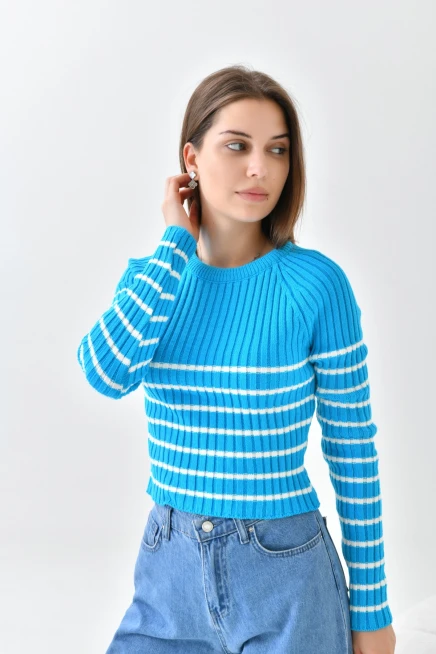 Bisiklet Yaka Çizgili Uzun Kollu Triko Kazak