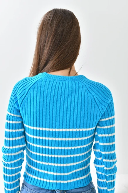Bisiklet Yaka Çizgili Uzun Kollu Triko Kazak