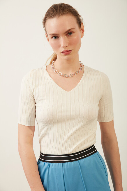 Womens V Neck Short Sleeve Basic Knitwear Blouse