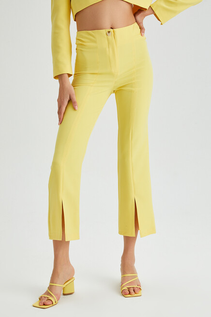 Womens Side Pleated Hem Slit Fabric Trousers