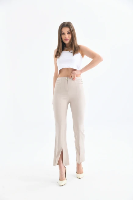 Womens Side Pleated Hem Slit Fabric Trousers