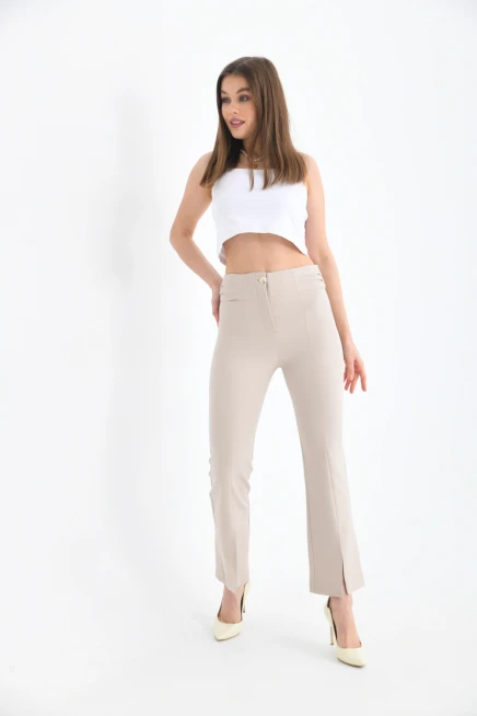 Womens Side Pleated Hem Slit Fabric Trousers