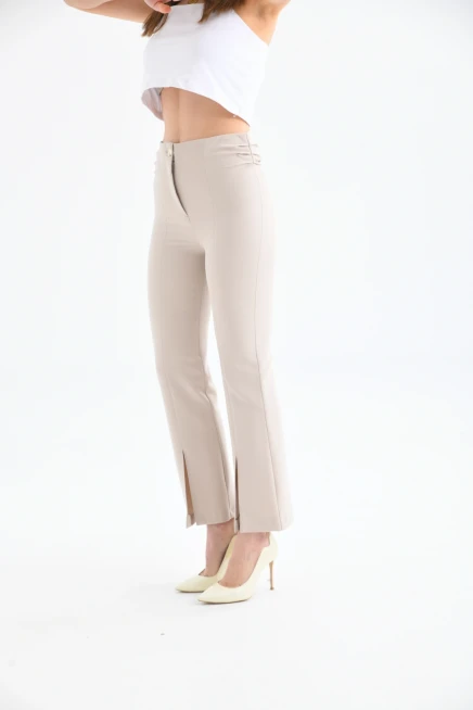 Womens Side Pleated Hem Slit Fabric Trousers