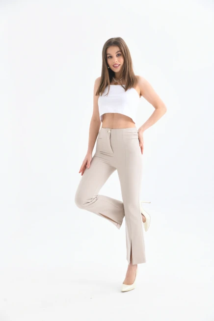 Womens Side Pleated Hem Slit Fabric Trousers
