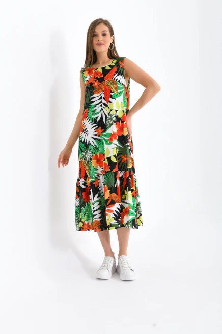 Eteği Fırfırlı Desenli Kolsuz Elbise