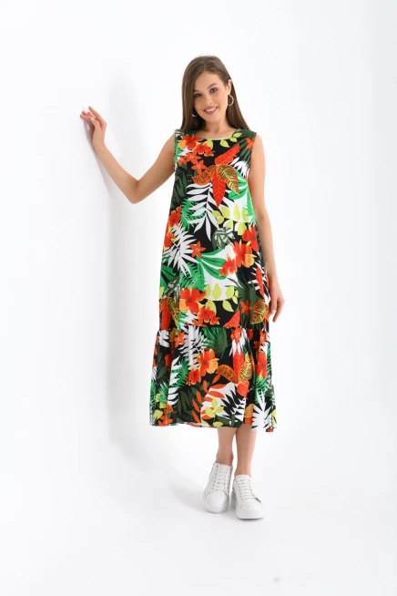 Eteği Fırfırlı Desenli Kolsuz Elbise