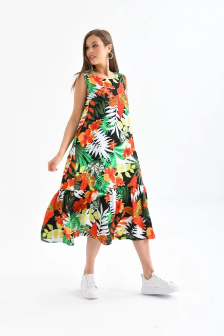 Eteği Fırfırlı Desenli Kolsuz Elbise