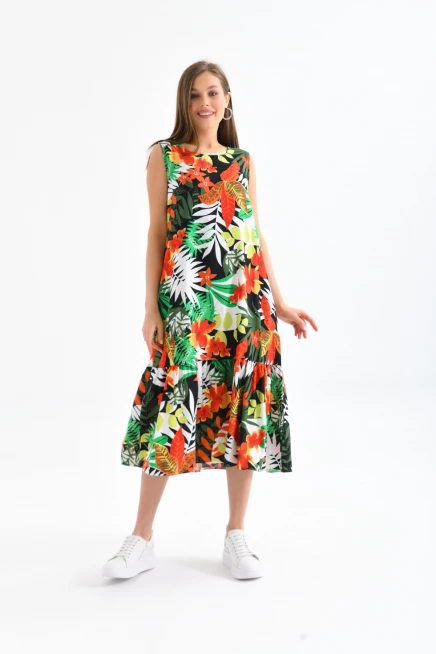 Eteği Fırfırlı Desenli Kolsuz Elbise