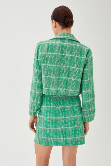 Womens Green Plaid Pattern Textured Fabric Button Detailed Short Blazer Jacket Skirt Set