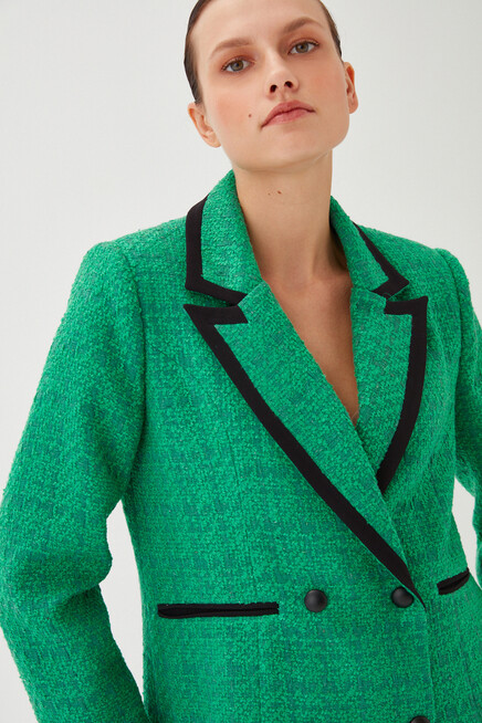 Womens Green Garni Detail Long Boucle Blazer Jacket