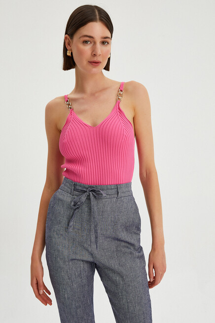 Womens Chain Detailed Strap V-Neck Knitwear Blouse