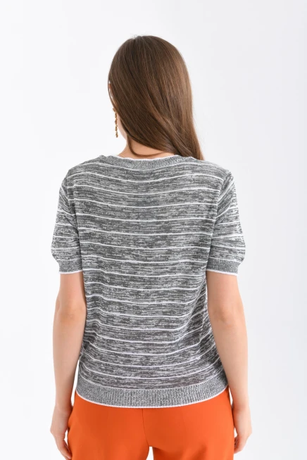 Gri Çizgili Yeşil Kalp Detaylı Kadın Triko