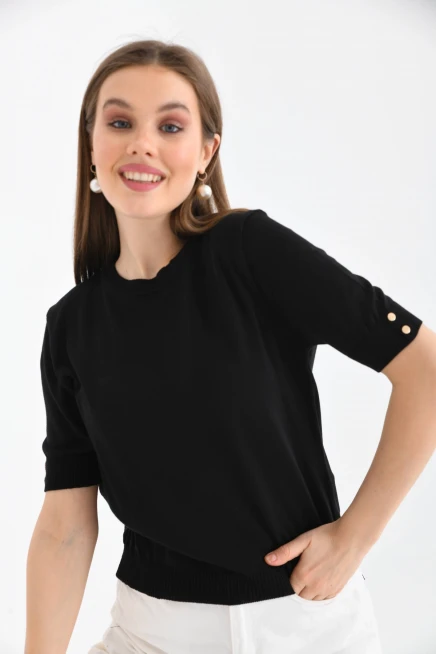 Kadın Yarım Kollu Siyah Triko