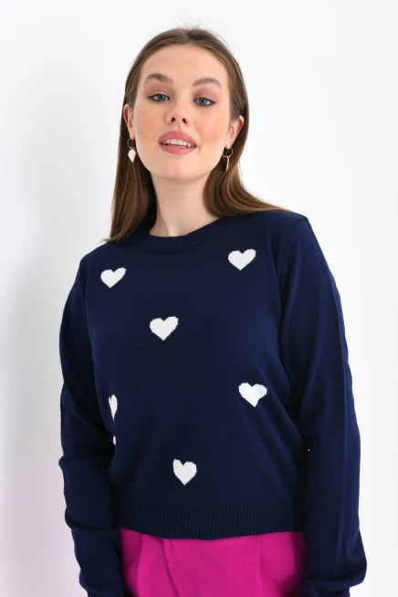 Bisiklet Yaka Kalp Desenli Triko Kazak