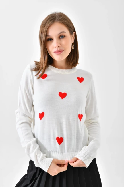 Bisiklet Yaka Kalp Desenli Triko Kazak