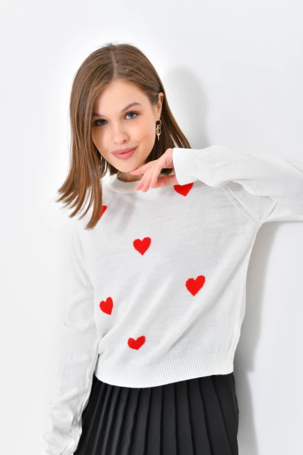 Bisiklet Yaka Kalp Desenli Triko Kazak