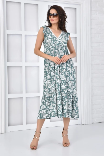 Fırfırlı Kruvaze Uzun Elbise