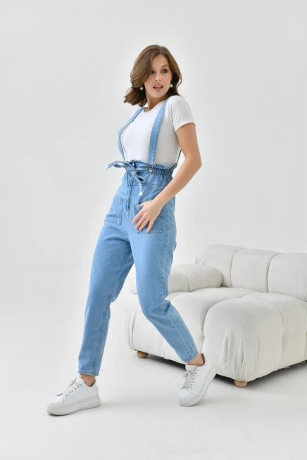 Kadın Açık Mavi Beli Lastikli Denim Bahçıvan Salopet Tulum