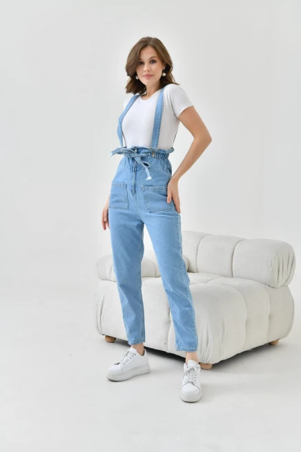 Kadın Açık Mavi Beli Lastikli Denim Bahçıvan Salopet Tulum