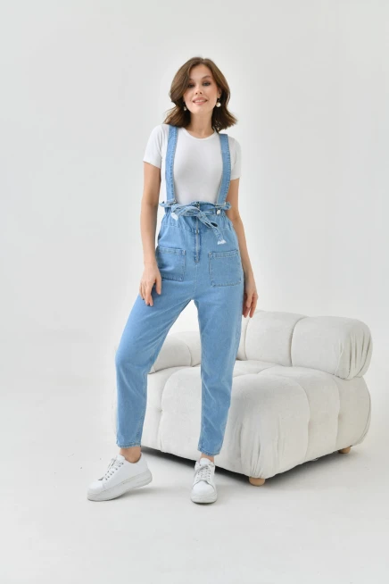 Kadın Açık Mavi Beli Lastikli Denim Bahçıvan Salopet Tulum