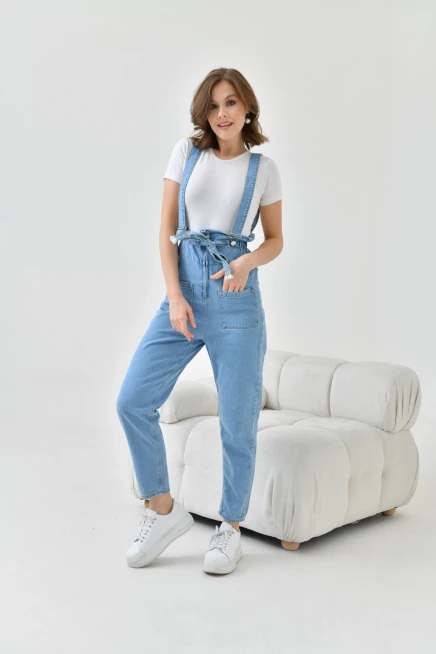 Kadın Açık Mavi Beli Lastikli Denim Bahçıvan Salopet Tulum