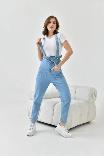 Kadın Açık Mavi Beli Lastikli Denim Bahçıvan Salopet Tulum
