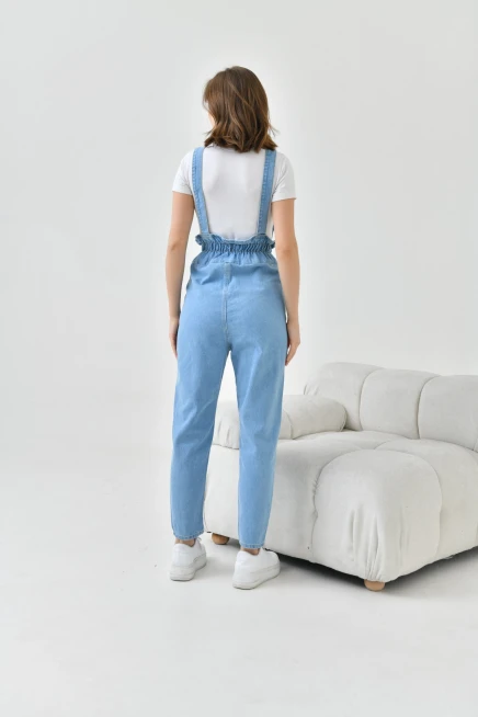 Kadın Açık Mavi Beli Lastikli Denim Bahçıvan Salopet Tulum
