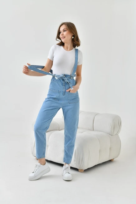 Kadın Açık Mavi Beli Lastikli Denim Bahçıvan Salopet Tulum