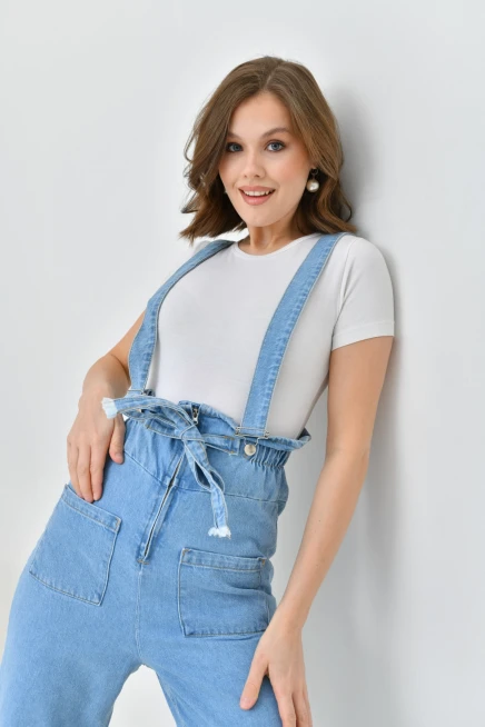 Kadın Açık Mavi Beli Lastikli Denim Bahçıvan Salopet Tulum