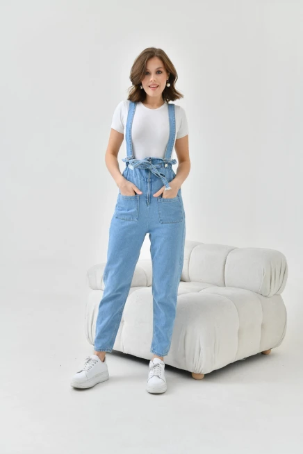 Kadın Açık Mavi Beli Lastikli Denim Bahçıvan Salopet Tulum