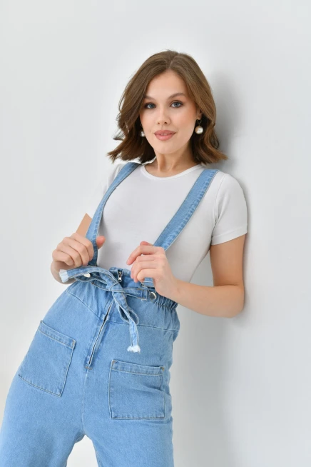 Kadın Açık Mavi Beli Lastikli Denim Bahçıvan Salopet Tulum