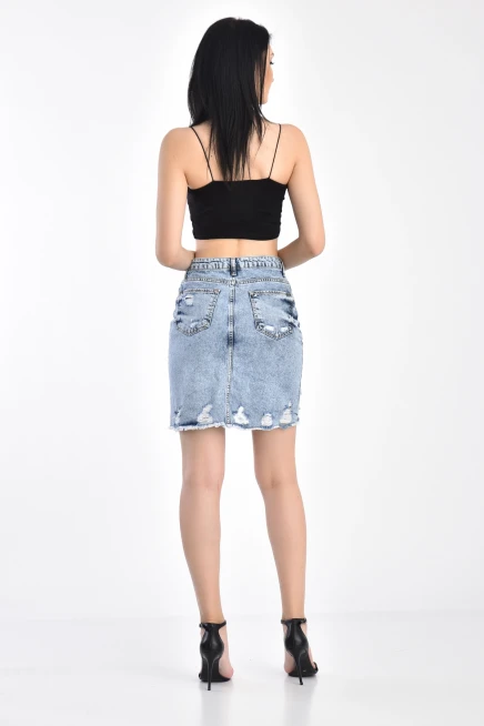 Açık Mavi Lazerli Yırtıklı Kar Yıkama Kot Etek