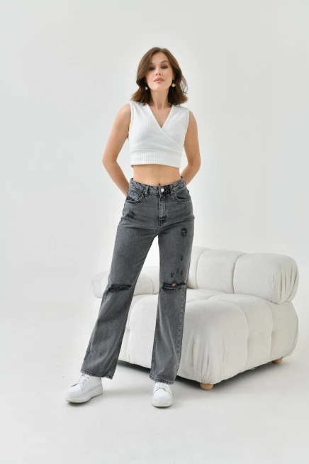 Kadın Antrasit Yırtıklı Jean Pantolon