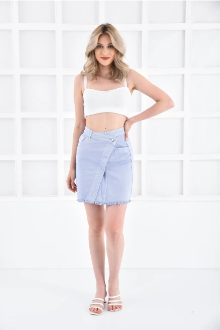 Kadın Bebe Mavi Asimetrik Önü Düğmeli Yırmaçlı Midi Boy Tarz Kot Jean Etek