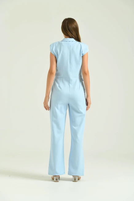 Kadın Bebe Mavi Ceket Yaka Slim Kumaş Tulum Elbise