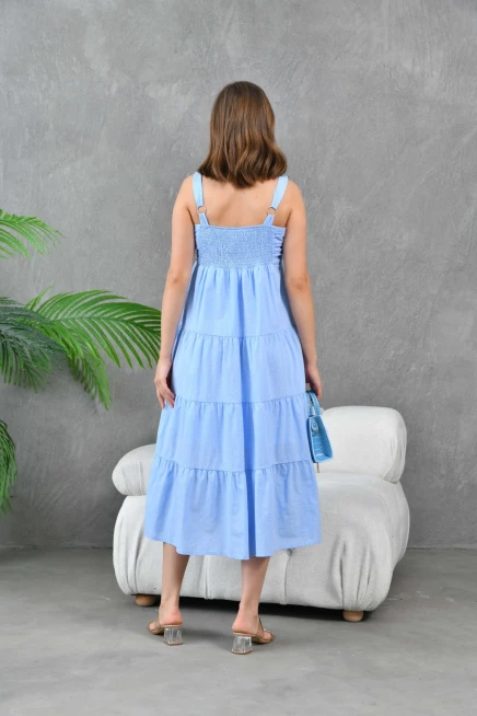 Kadın Bebe Mavi Kalın Askılı Drapeli Gipeli Astarlı Dokuma Elbise