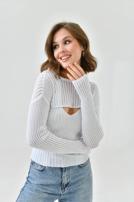 Kadın Beyaz Atletli Triko Bolero Takım