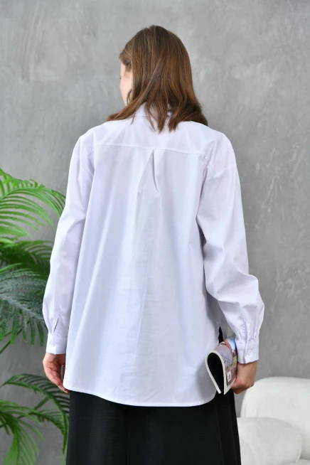 Kadın Beyaz Cep Detay Oversize Uzun Poplin Gömlek