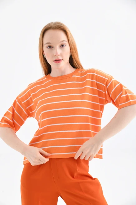 Bisiklet Yaka Çizgili Mevsimlik Kısa Triko Kazak