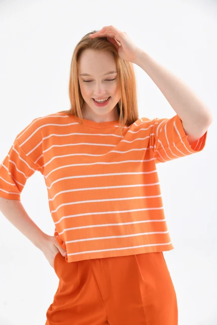 Bisiklet Yaka Çizgili Mevsimlik Kısa Triko Kazak