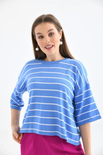 Bisiklet Yaka Çizgili Mevsimlik Kısa Triko Kazak