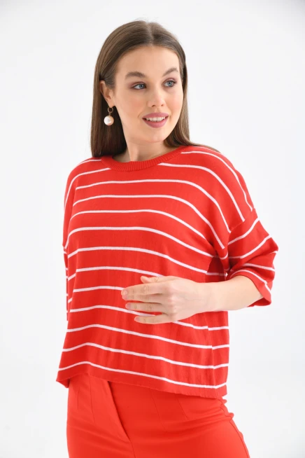 Bisiklet Yaka Çizgili Mevsimlik Kısa Triko Kazak