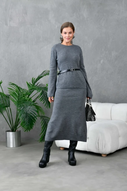 Kadın Bisiklet Yaka Etek Kazak İkili Triko Kakım