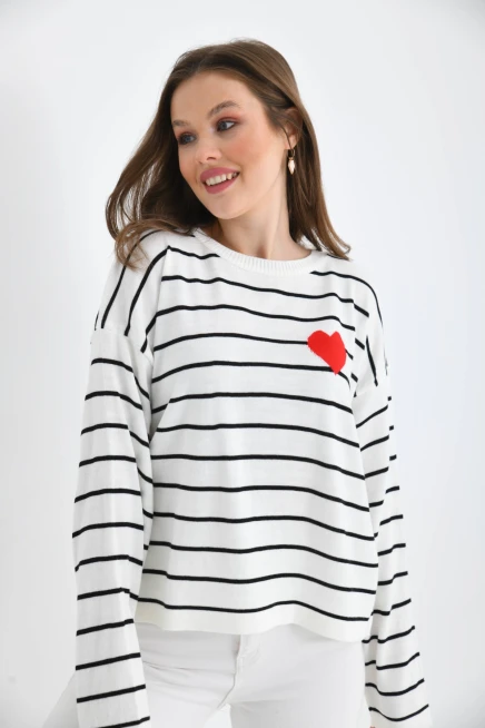 Bisiklet Yaka Salaş Çizgil Mevsimlik Triko Kazak