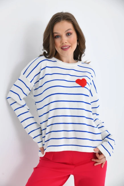 Bisiklet Yaka Salaş Çizgil Mevsimlik Triko Kazak