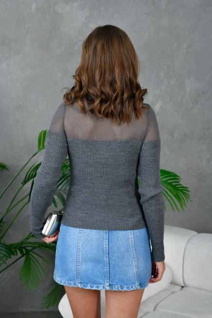 Kadın Bisiklet Yaka Transparan Detay Triko Kazak